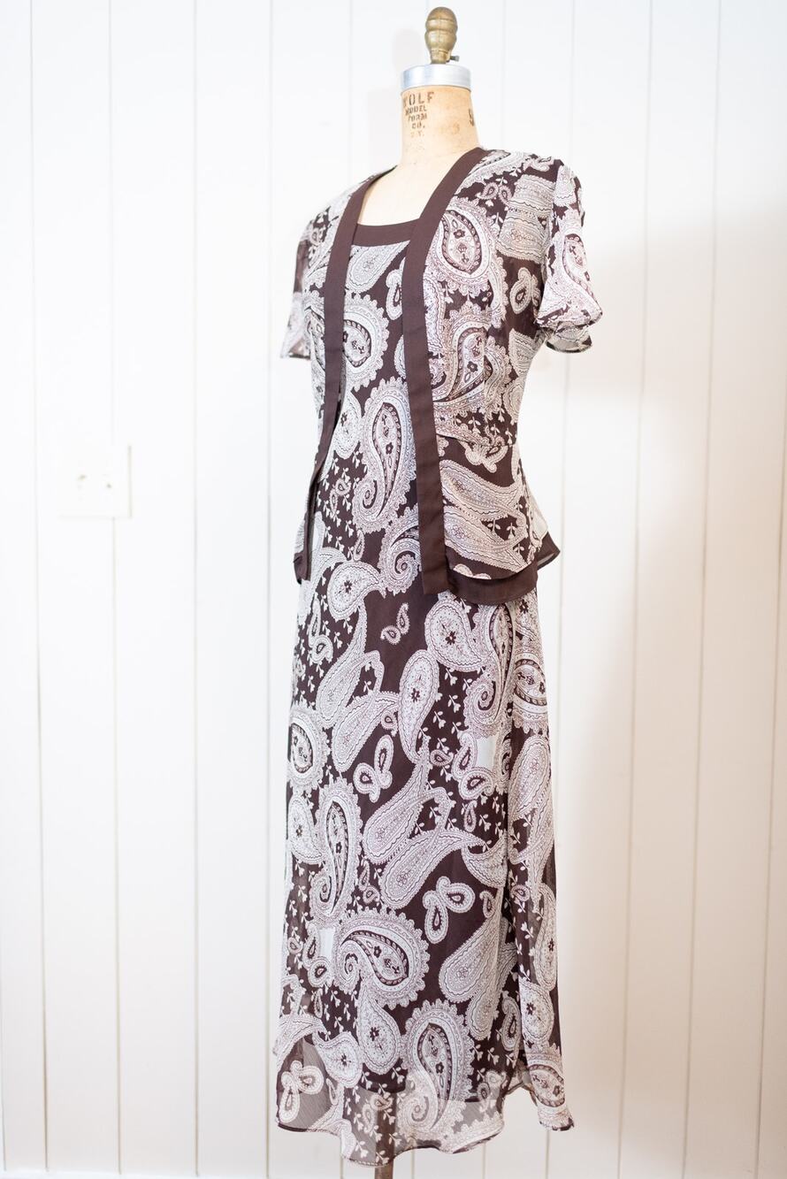 Vintage Y2K Brown Paisley Chiffon Maxi Dress, Flowy Fairycore Boho Dress Size 8